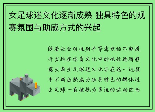 女足球迷文化逐渐成熟 独具特色的观赛氛围与助威方式的兴起